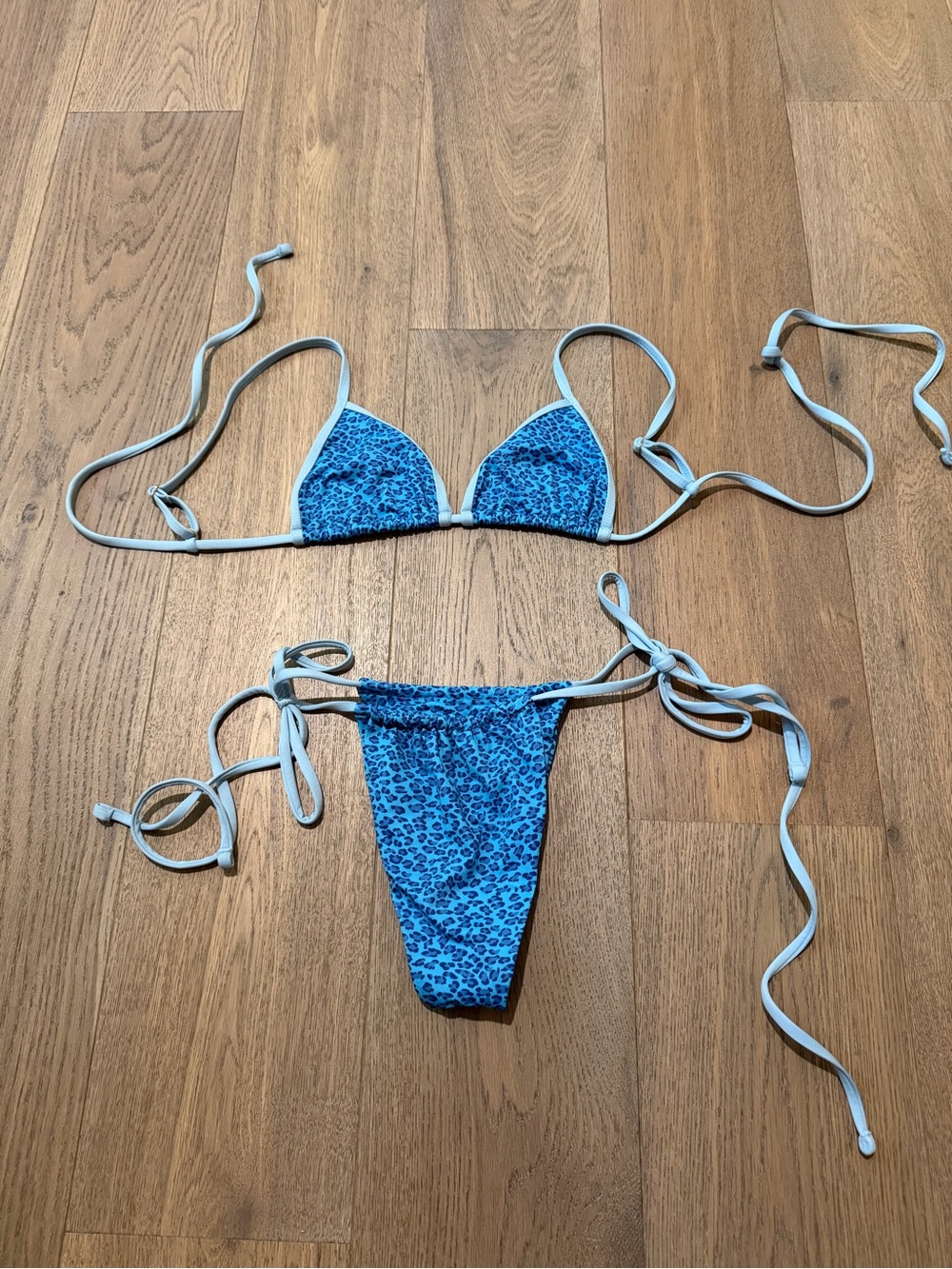 Frankie’s Bikinis Blue Leopard Print String Bikini Set